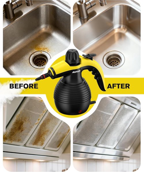 AKPIAN Handheld Steam Cleaner, 1050W Rapid-Heating Stainless Steel Boiler, Safety Locking Mechanism, Includes 10 Cleaning Tools, Deep Cleans Kitchens, Bathrooms, Cars, Windows, and More, Black