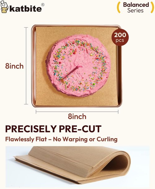 Katbite Parchment Paper - 200 Pcs Unbleached Non-Stick Baking Sheets, 8 x 8 Inch, Oil Resistant & Easy Clean
