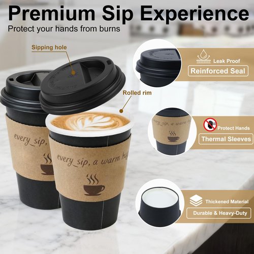 cuphug 100 Pack 12 oz Black Coffee Cups with Lids, To Go Paper Cups with Sleeves and Stirring Sticks, Insulated Disposable Coffee Cups for Hot/Cold Drinks and Daily Use