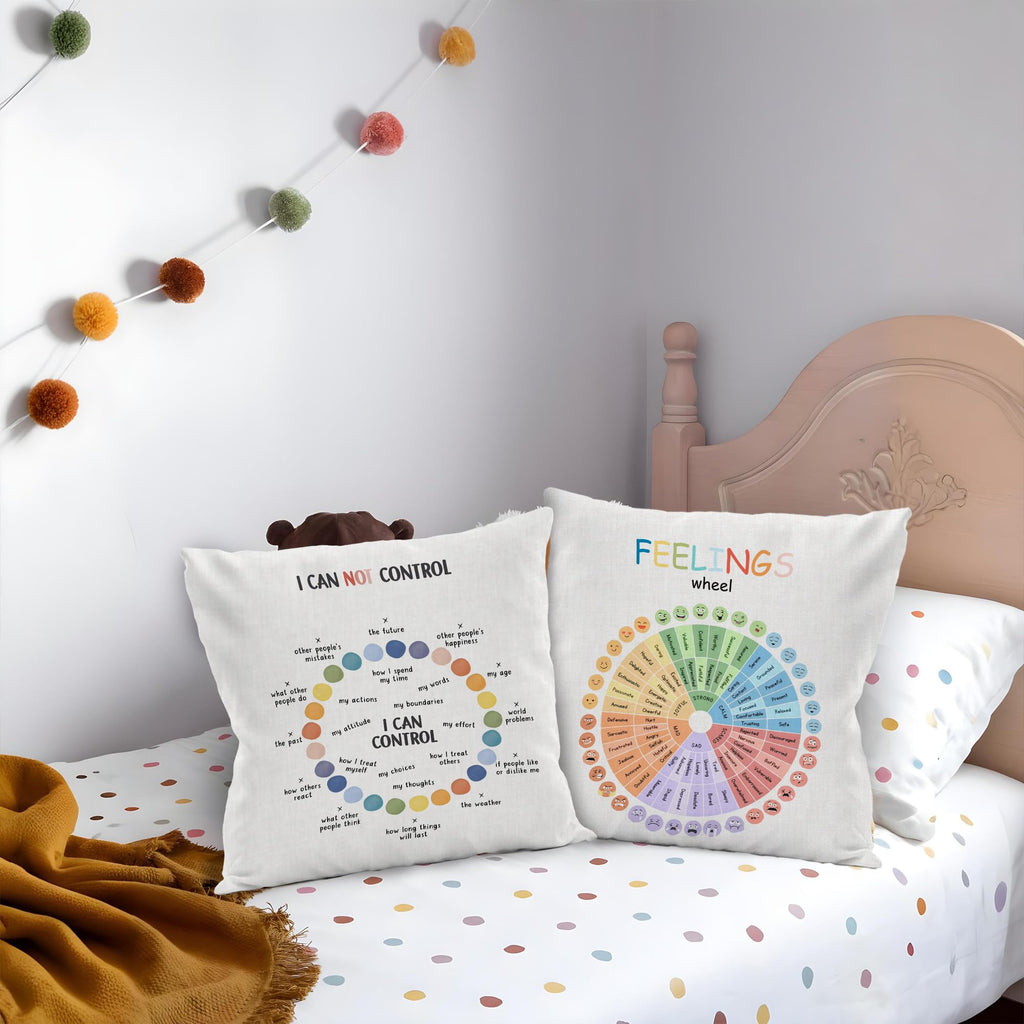 URLLUAE Feelings Wheel Pillow Covers 18x18, Counseling Office Must Haves Throw Pillow Cover, Calming Corner Classroom Room Decor, Mental Health Therapy Office Decor,Classroom Pillows Covers,Set of 2