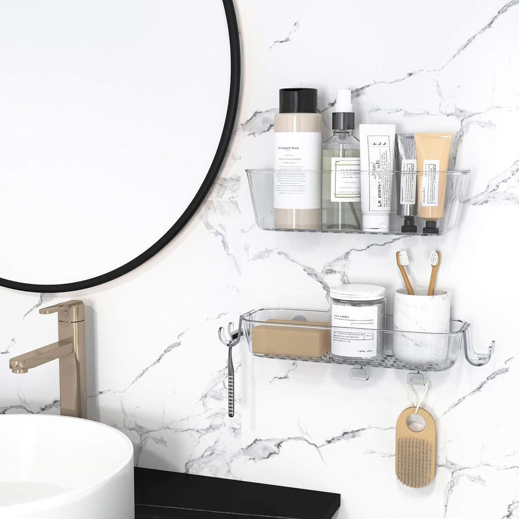 TZAMLI Clear Shower Caddy - Rustproof Wall-Mounted Organizer with Razor Holder & Hook | 2 Pack