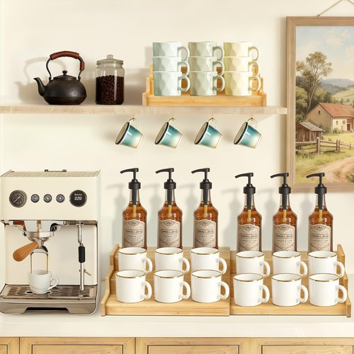 FIMOFIDRE 3-Tier Expandable Bamboo Mug Holder for Countertop Coffee Cup Holder Display Mug Organizer Mug Rack for Coffee Bar Organizer Mug Shelf for Cabinet for Kitchen, Home, No Assembly