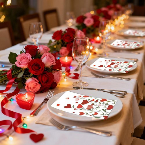 SMUAENSS 100Pcs Valentine's Day Guest Disposable Napkins - Watercolor Heart Floral Vine Design in Red & Pink, 3 Ply Dinner Hand Towels Heart Bathroom Napkins for Wedding Anniversary Party Table Decor