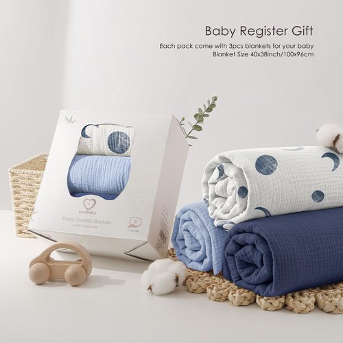 Bearmoss Muslin Swaddle Blankets, 40 x 38 inches Baby Swaddle for Boys and Girls, Soft Baby Blanket, 3 Pack Breathable Nursery Receiving Blankets (Bluemoon)