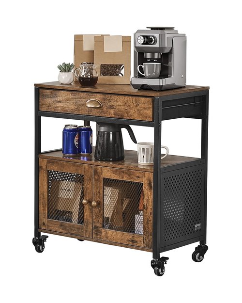 VEVOR Coffee Bar Cabinet, 24 Inch Farmhouse Bar Cabinet with Storage, Movable Coffee Table with Wheels & Mesh Door, Sideboard Buffet for Kitchen, Entryway