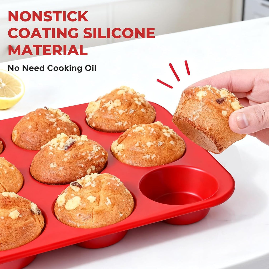 Skiennix Silicone Muffin Pan - 12-Cup Baking Tray with Metal Reinforced Frame | BPA-Free, Dishwasher Safe, Red