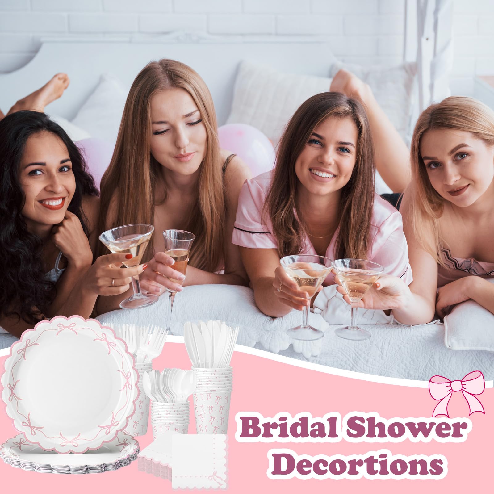 Sieral 144 Pcs Pink Scalloped Bow Party Supplies Coquette Cute Party Supplies Bachelorette Tableware Set Bow Paper Plates Napkins Cups for Girl Boy Baby Shower Wedding Birthday Decoration