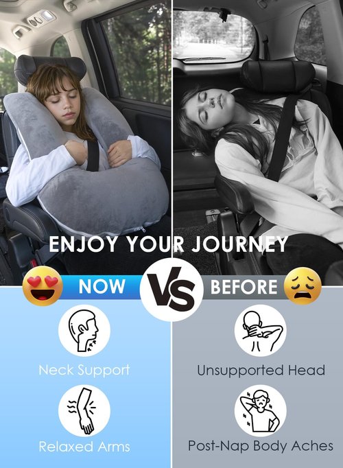 QUEEN ROSE Car Travel Pillow for Sleeping, Adjustable Head Support for Adults & Kids, Breathable Soft Neck Cushion for Road Trips, Machine Washable Cover, Grey