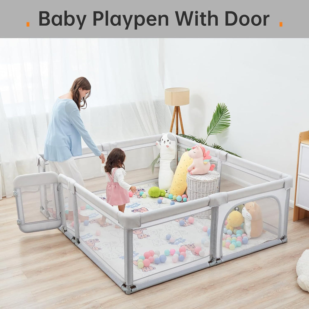 Skiennix Baby Playpen - 71"x71" Foldable Play Yard with Zipper Door & Gate | Light Grey Color