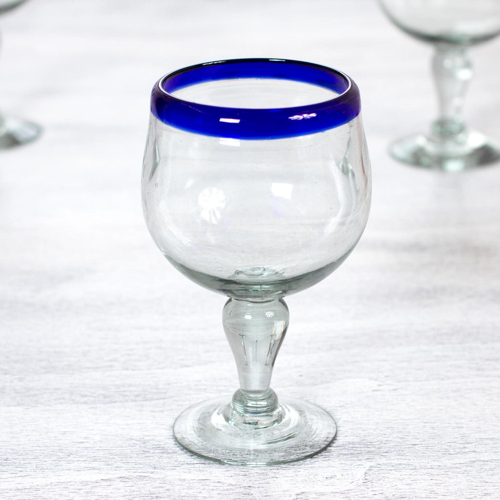 NOVICA 'Cobalt Kiss' Blown Glass Goblets (Set of 4), 7" Tall, Blue Clear