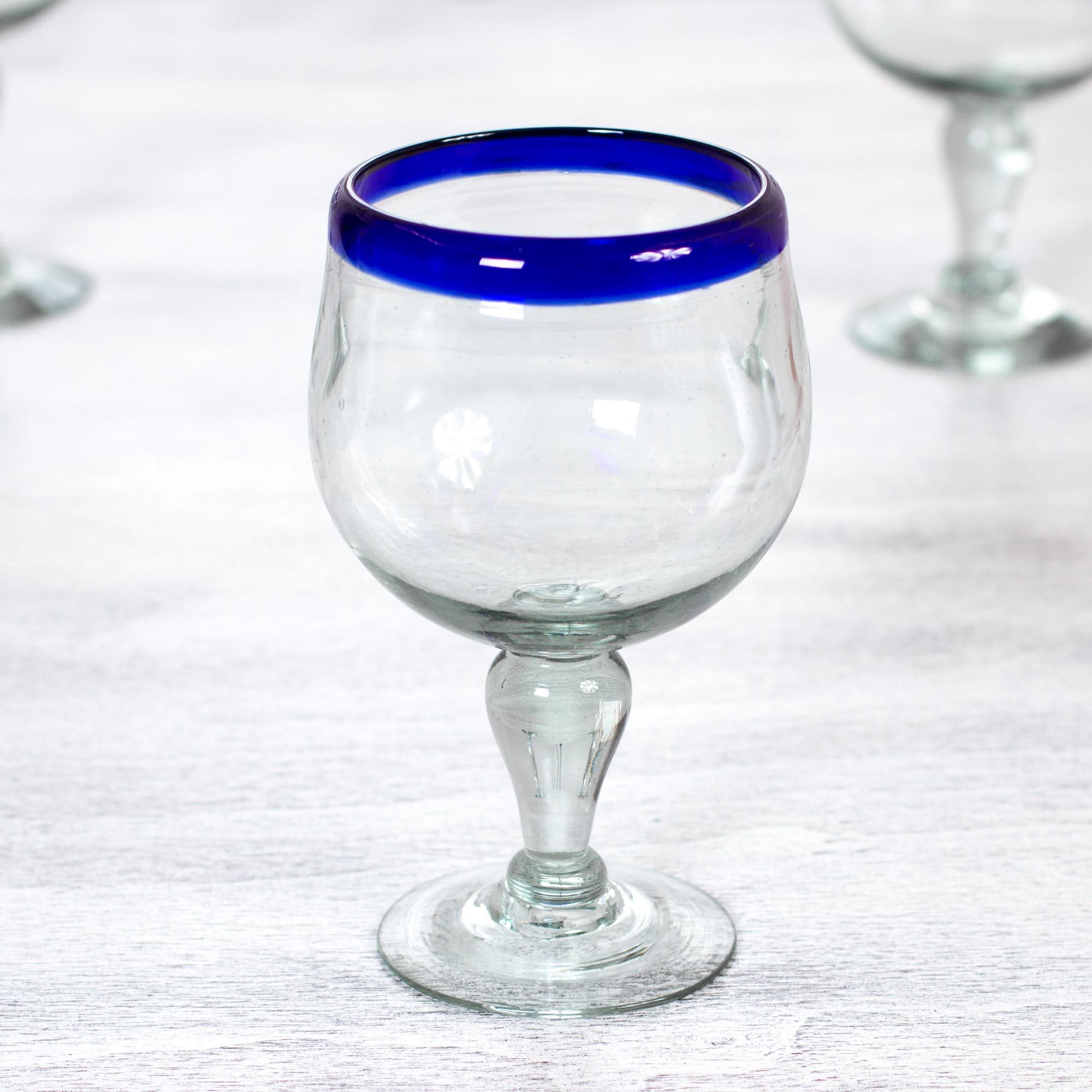 NOVICA 'Cobalt Kiss' Blown Glass Goblets (Set of 4), 7" Tall, Blue Clear