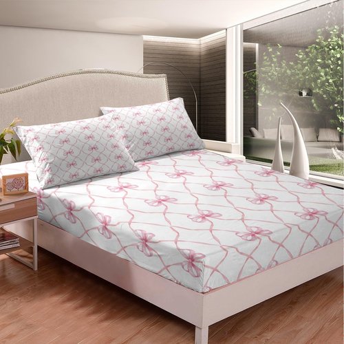 Erosebridal Pink Bowknot Bed Sheets Set Full Bow Knot Sheet Set for Kids Girls Butterfly Knot Bow Tie Sheets Aesthetic Coquette Bedroom Decor Geometric Cartoon Flat Fitted Sheet