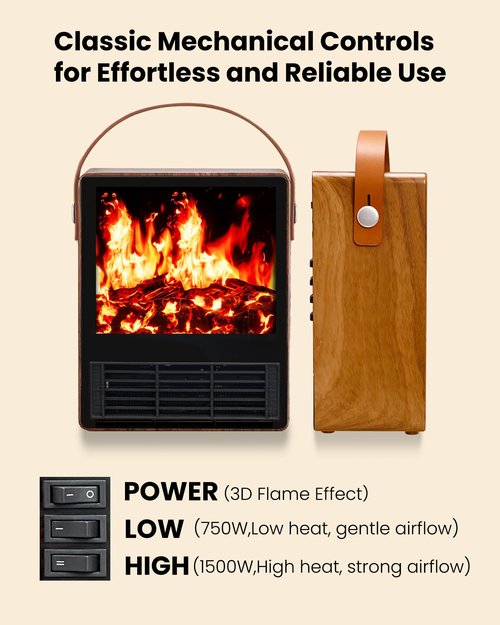 Electric Fireplace Heater with 3D Realistic Flame, 1500W/750W Adjustable Space Heater, Double Safety Protection, Walnut Wood Finish Portable Indoor Fireplace for Home & Office Christmas Decoration