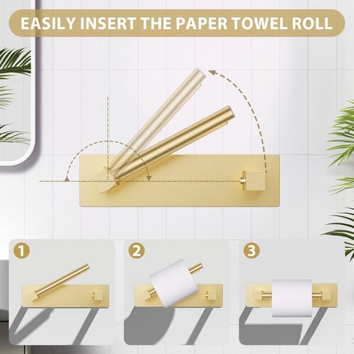 Brushed Gold Self Adhesive Toilet Paper Holder, Stainless Steel Bathroom Toilet Paper Holder Stick On Wall Mount, Commercial Toilet Paper Dispenser Peel and Stick Toilet Paper Holder Adhesive