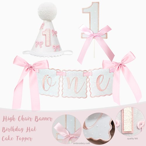 Pink Bow 1st Birthday Decorations, First Birthday Party Supplies for Girl, Pink White Balloon Arch Balloon Box Girls Just Wanna Be One Backdrop High Chair Banner