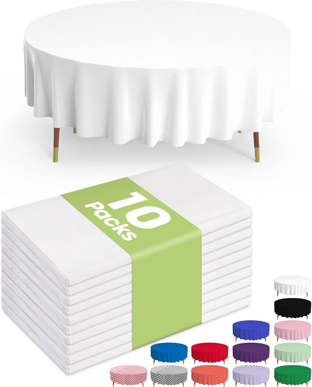 Pureegg Disposable Plastic Table Cloths - 84'' Round, Leakproof & Sturdy - 10 Pack, White for Parties & Picnics
