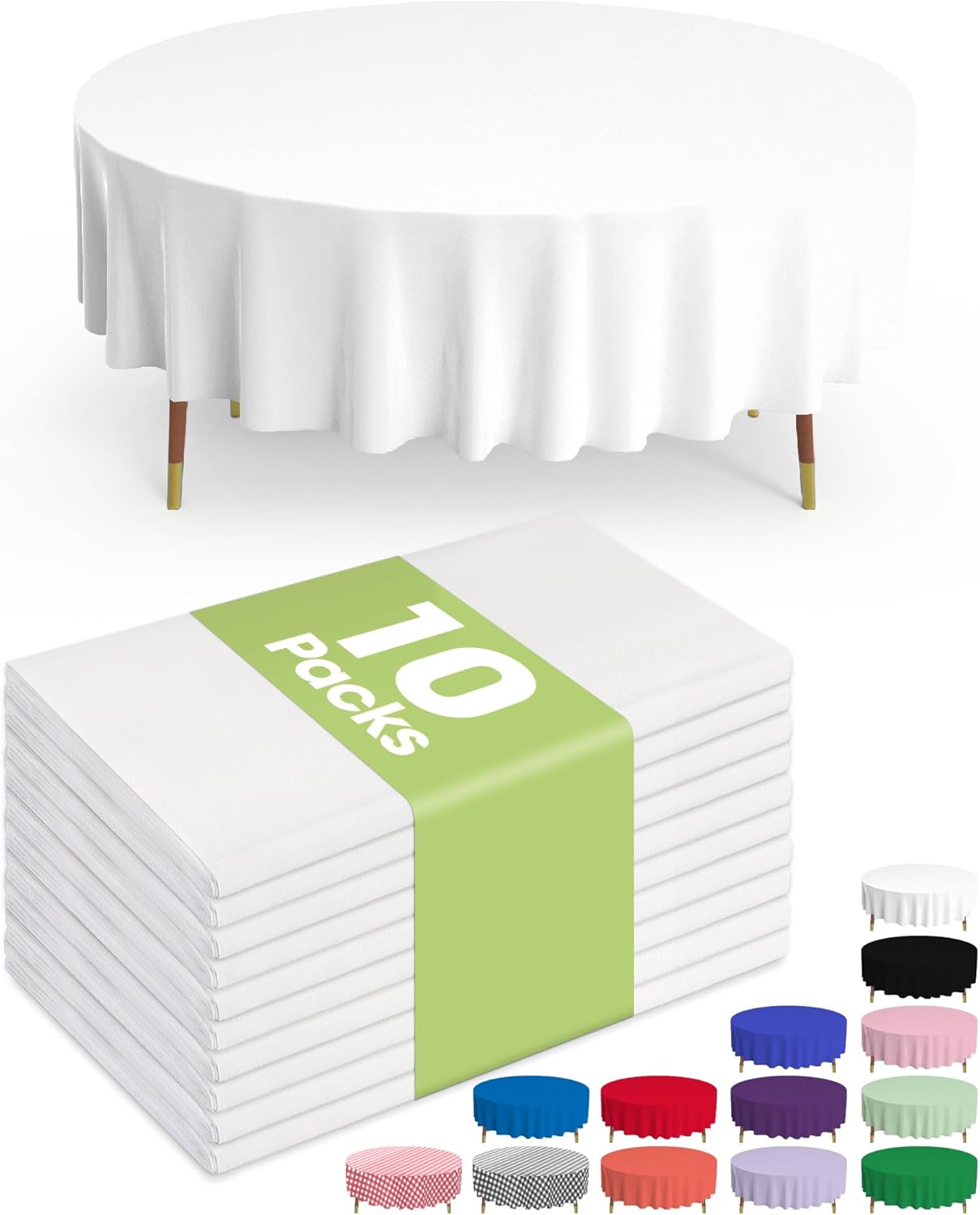 Pureegg Disposable Plastic Table Cloths - 84'' Round, Leakproof & Sturdy - 10 Pack, White for Parties & Picnics