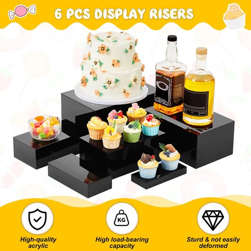 Leinuosen 6 Pcs Large Buffet Risers, 7 to 12 Inch Catering Dessert Table Risers Food Decorative Stands with hollow bottom for Catering Supplies, Party(Black, Rectangle)