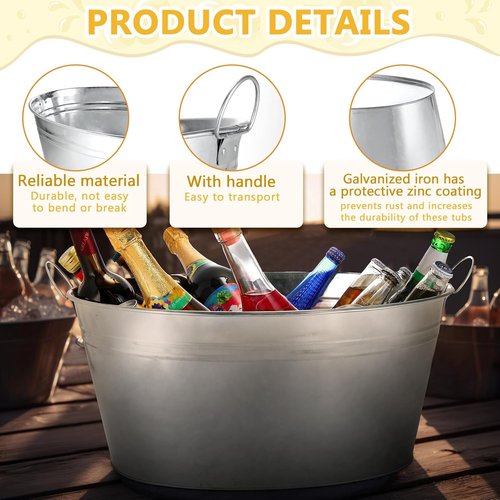 2 Pcs 6.3 Gallon Galvanized Beverage Tubs Large Drink Buckets for Parties Insulated Metal Ice Bucket with Handles Rustic Storage Container for Parties Beer Drinks, Silver