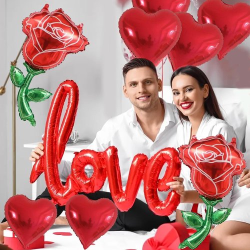 18Inch Red Heart Shaped Balloon 40Inch Red Love Foil Balloon 36Inch Rose Balloons Valentine Balloons Set for Valentine's Day Proposal Wedding Anniversary Special Night Party Romantic Decoration