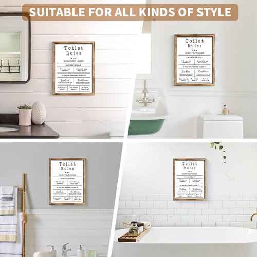 MODE HOME Farmhouse Wall Art - Funny Bathroom Rules Sign in Torched Brown Frame | 14x11 Inch Shabby Chic Decor