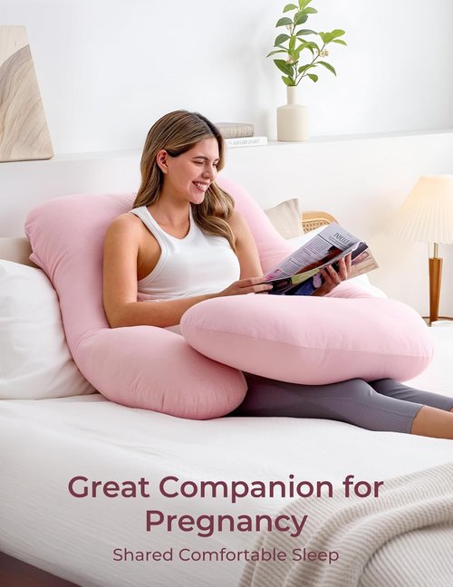 Momcozy U-Shaped Pregnancy Pillow - Full Body Maternity Support for Side Sleeping | 57 Inch, Pink