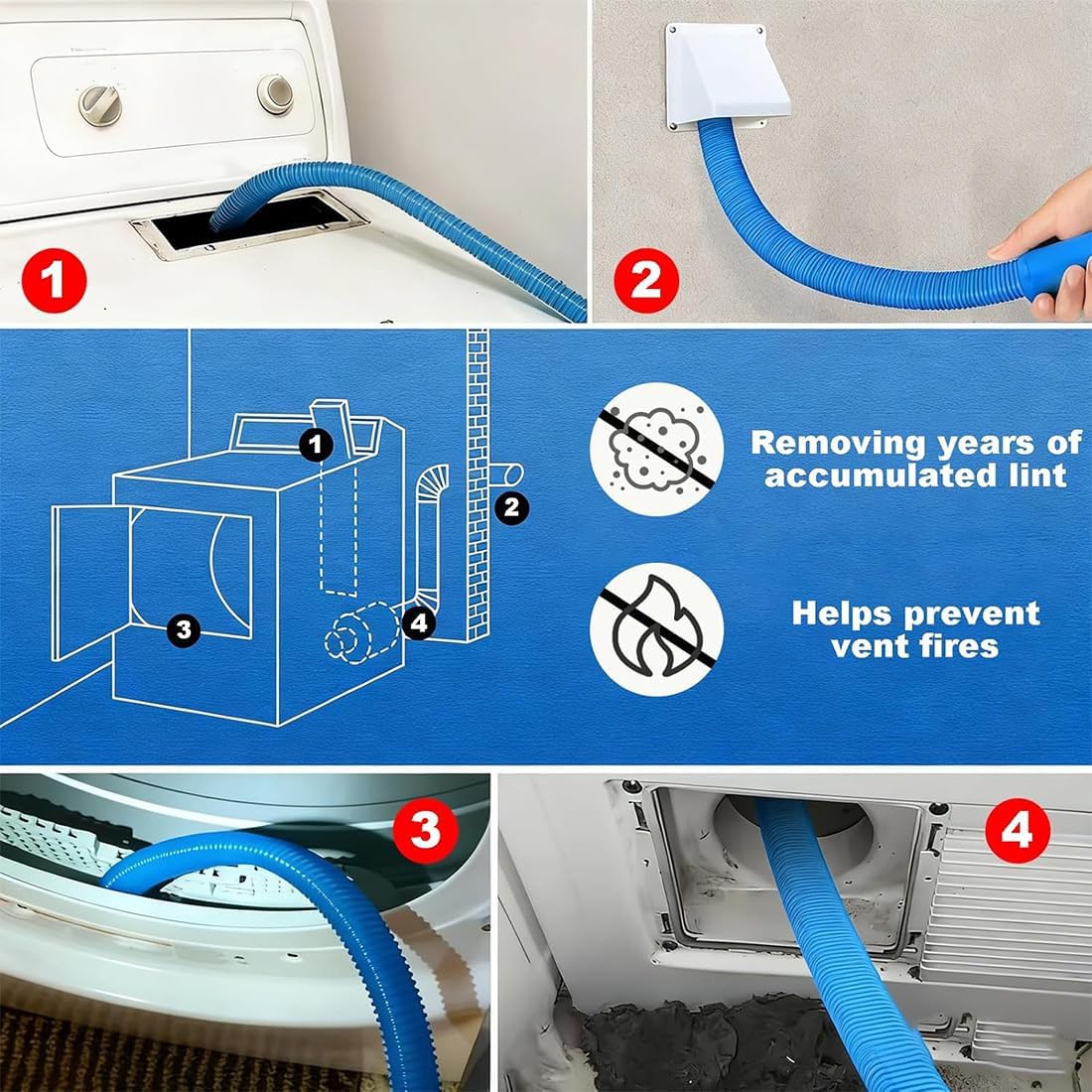 Skiennix Dryer Vent Cleaning Kit - Universal Lint Vacuum Attachment with Flexible Hose & Brush | Quick Lint Removal