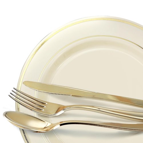 OCCASIONS 120 Piece Heavy Duty Disposable Plastic Plates Set for 60 Guests – 10.5" Dinner & 7.5" Dessert Plates, Premium Party Plates for Wedding, Fancy Events, BPA-Free – Ivory & Gold Rim