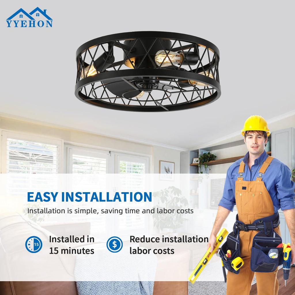 YYEHON 17.7" Caged Ceiling Fan with Light and Remote Control, Flush Mount Bladeless Chandelier Fan, Low Profile Fandelier for Bedroom, Dining Room, Living Room, Kitchen