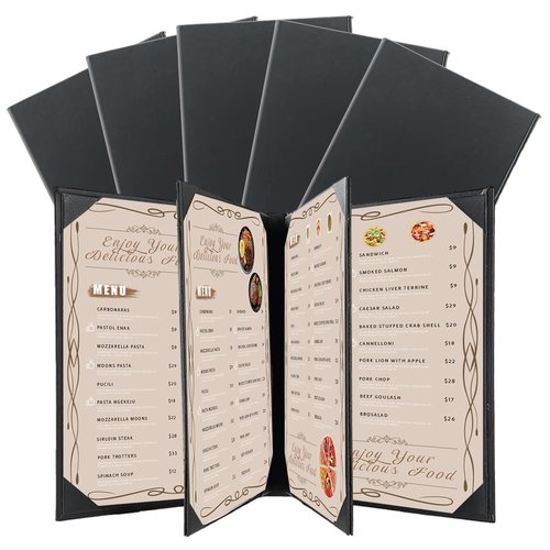 FLKQC Restaurant Menu Covers Holders 8.5" X 11" | Pack of 5 Synthetic Leather 6 View Menu Holder Covers Book Style with Angled Corners Black for Wine List (5, 6 View (8.5" x 11"))