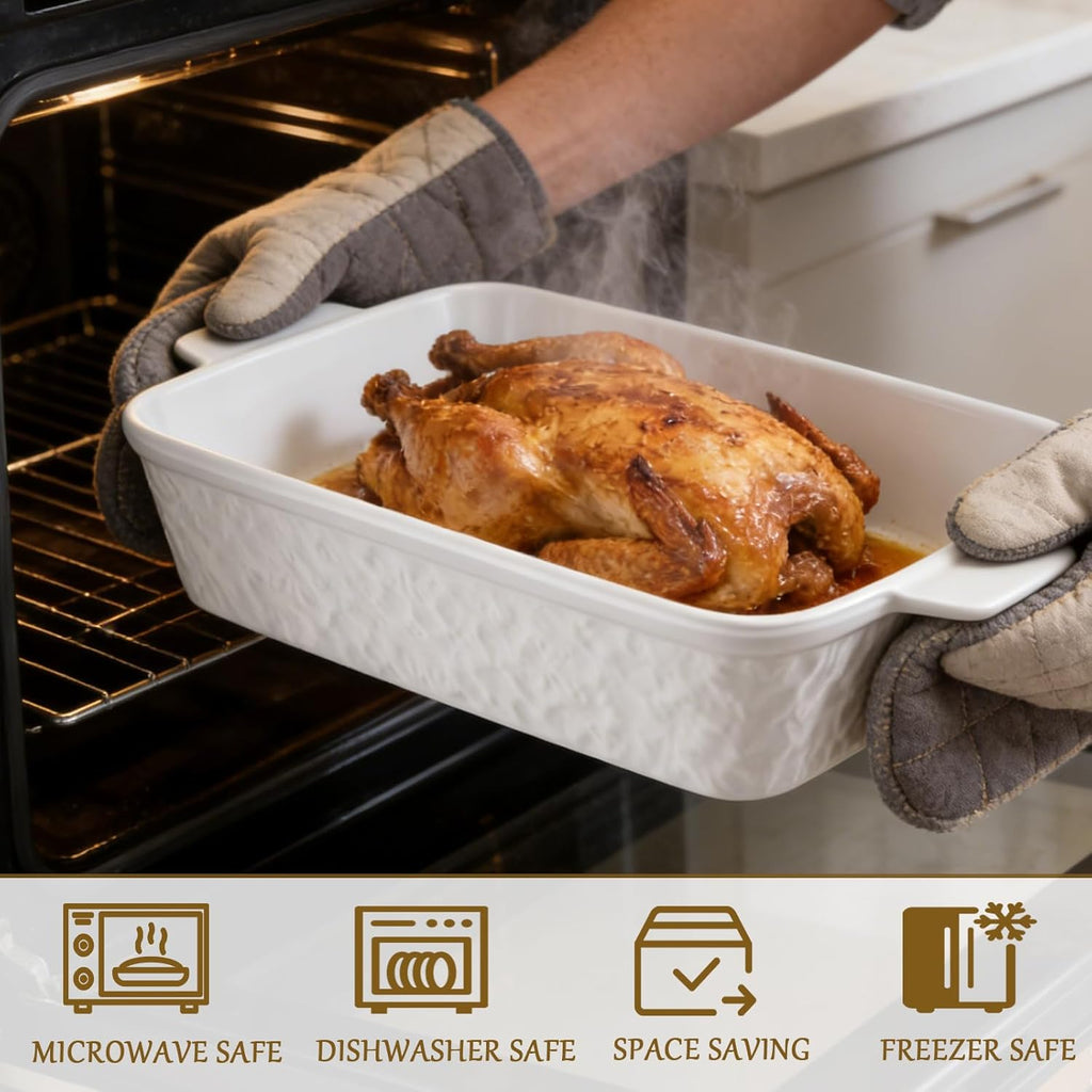 Regine Switzerland 9x13 Baking Pan - Durable Ceramic Casserole Dish with Handles | 4.4QT Soft White