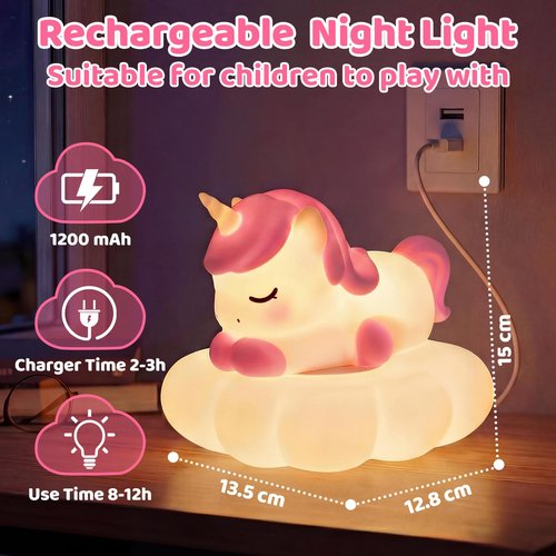 Mewaii Cloud Unicorn Night Light for Kids, Portable Lamp with Wireless Charging Cloud Base, 3-Level Dimmable & 30-Min Auto Timer, Gift for Girls, Baby Nursery Decoration