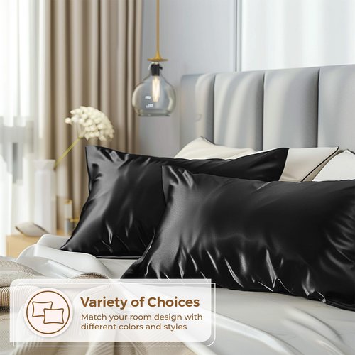 Pure Bedding Satin Pillowcase 2 Pack - Queen Size (20"x30", Black) - Silky Pillow Cases for Hair and Skin - Satin Pillow Covers with Envelope Closure - Extra Soft Premium Microfiber