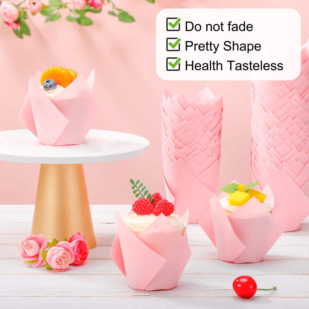 Jutom 200 Pack Tulip Cupcake Liners Paper Baking Cups Greaseproof Muffin Liners Grease Resistant Cupcake Wrappers for Weddings Birthday Cake Balls Muffins Candy Jelly Party(Pink)