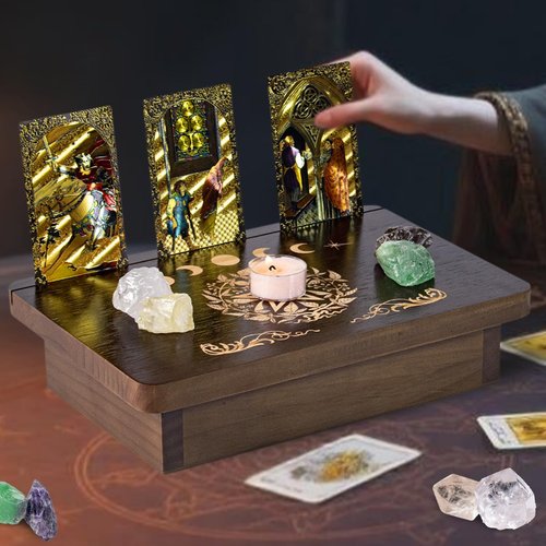 zyrnathar Wood Altar Table,Meditation Table with Storage Space and Tarot Card Holder,Tabletop Carved Sun and Moon Pattern Witchcraft Home Decor for Witchcraft Supplies, Divination, Prayer (A)