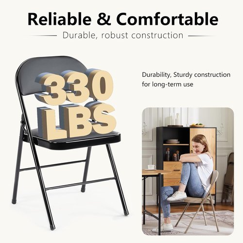DUMOS Leather Padded Folding Chairs - Portable Stackable Steel Frame Seats for Home & Office | Black, 2 Pack