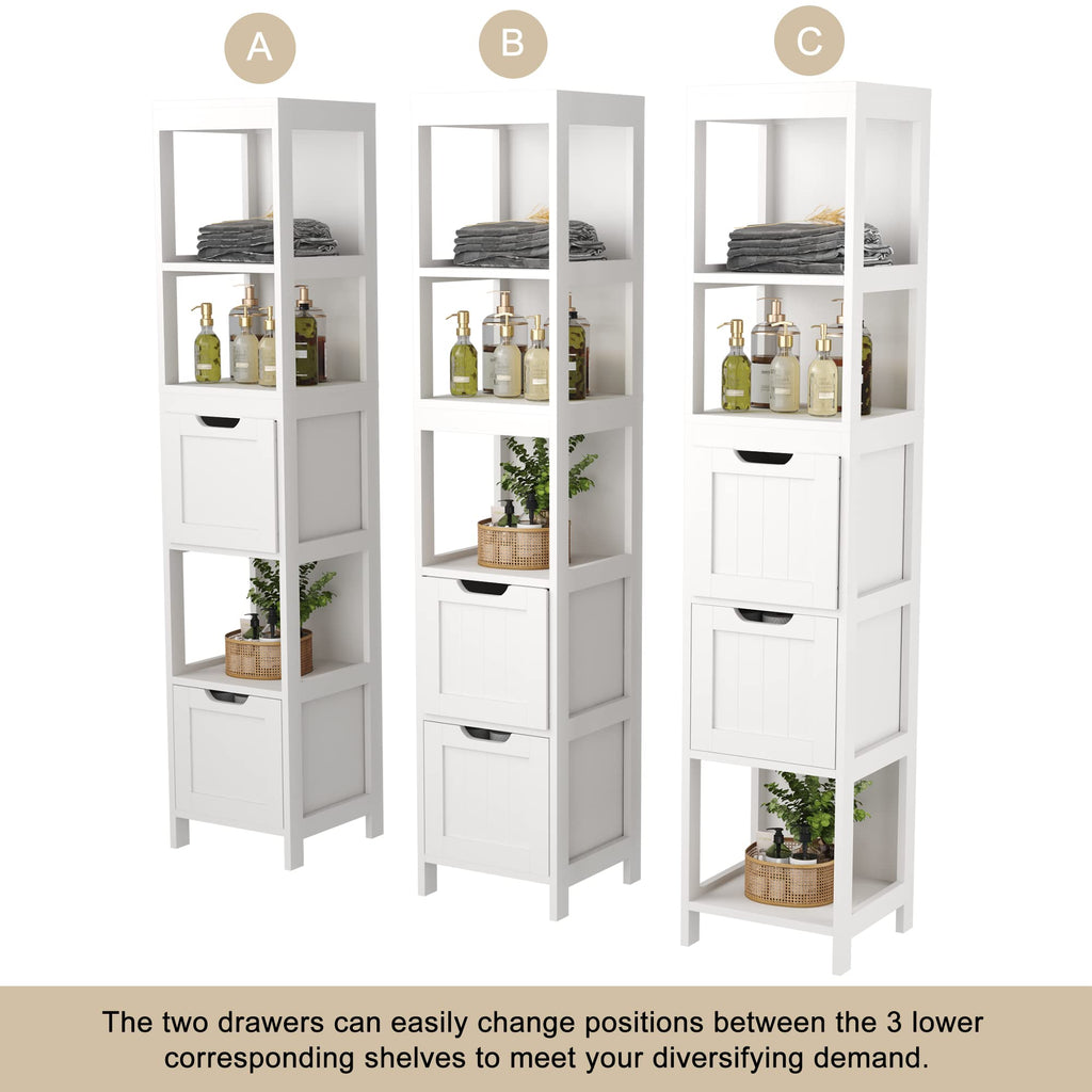 HOMEFORT Bathroom Storage Cabinet, Slim Tall Cabinet, Narrow Floor Cabinet Organizer, Wooden Linen Tower with 2 Drawers and 3 Shelves, Freestanding Cupboard White