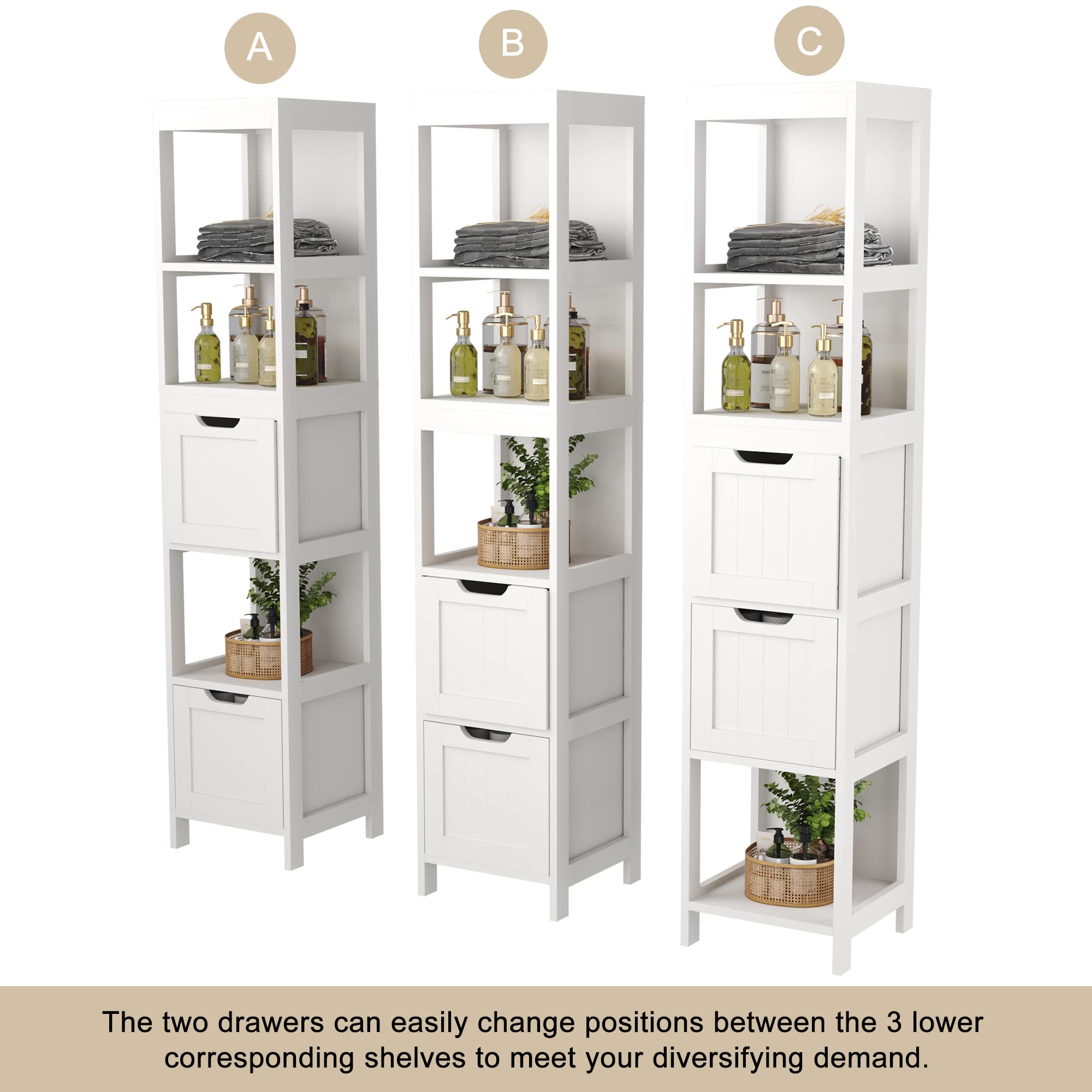 HOMEFORT Bathroom Storage Cabinet, Slim Tall Cabinet, Narrow Floor Cabinet Organizer, Wooden Linen Tower with 2 Drawers and 3 Shelves, Freestanding Cupboard White
