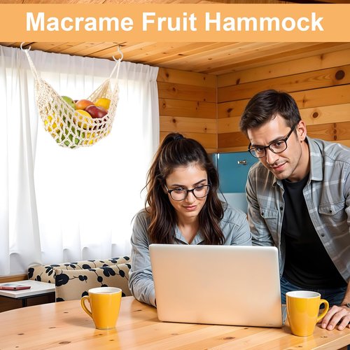 Guduling Fruit Hammock Under Cabinet,Hanging Fruit Hammock,Fruits Hammocks for Kitchen Hand-Woven Boho Fruits Holder Net Organization Banana Basket for Home Dining Room Cabinet Decor
