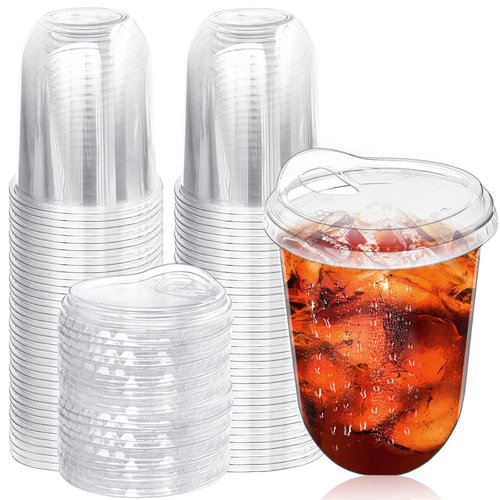 Alaeseje 50 Pack Clear Plastic Cups with Strawless Sip Lids,16 oz Iced Coffee Cups With Lids,Disposable PET Crystal Cups,Round Bottom To Go Cup for Iced Coffee Juice Smoothie Cold Beverage