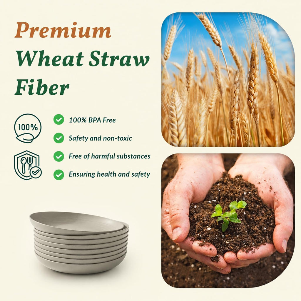 Homienly Deep Dinner Plates Set of 8 Alternative for Plastic Plates Microwave and Dishwasher Safe Wheat Straw Plates for Kitchen, Camping Unbreakable Lightweight Round Plate Set (Grey, 9 inch)