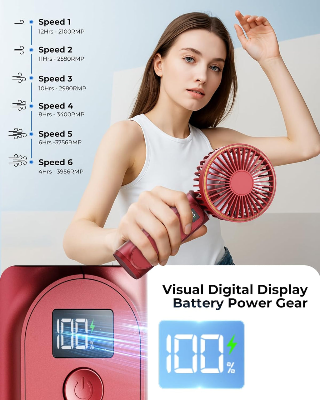 Skiennix Portable Handheld Fan - 4000mAh Battery, 6 Speed Settings, Adjustable 180° | USB Rechargeable