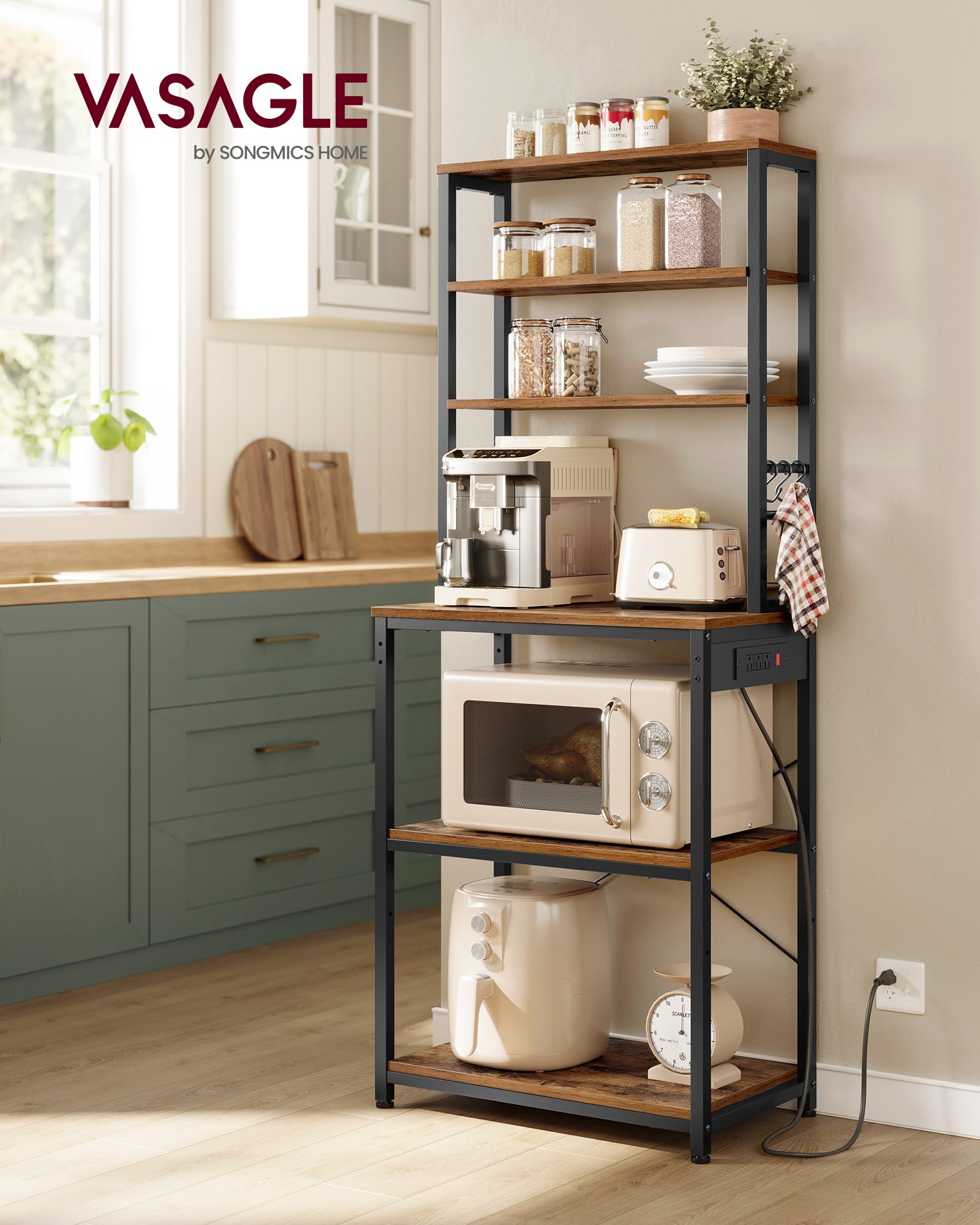 VASAGLE Bakers Rack with Power Outlet, 23.6 Inches Coffee Bar for Kitchen with Storage, 6-Tier Kitchen Shelves with 6 Hooks, Microwave Stand, Industrial, Rustic Brown and Ink Black UKKS124K03
