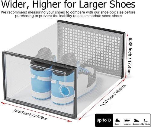 Kuject Shoe Storage Boxes - Clear Plastic Stackable Organizers | XX-Large 12 Pack for Closet & Under Bed - Black