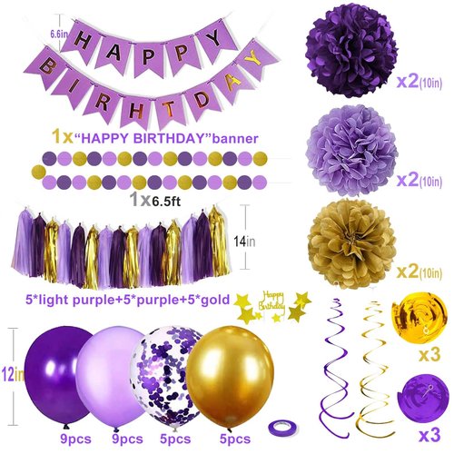 YGYXMY Purple and Gold Party Decorations for Women - Happy Birthday Banner, Balloons, Tissue Pompoms, Swirls, Tassels Garland