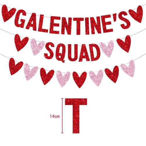 3 PCS Galentines Day Decorations Galentines Squad Banner with Love Heart Garland, Glitter Happy Galentine’s Day Banner Galentines Day Party Decor for Ladies Girls Friends Valentines Day Party Decor