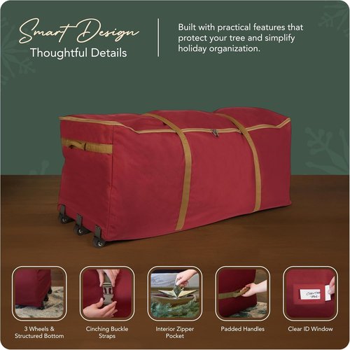 Covermates Keepsakes Christmas Tree Storage Bag - Heavy-Duty Rolling Design with Wheels & Reinforced Handles - Durable Red Polyester