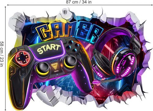 Decalmile Large 3D Gamer Controller Wall Decals - Video Gaming Joystick Stickers for Boys' Bedrooms & Playrooms