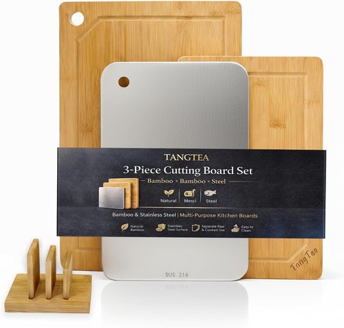 Bamboo Cutting Board Set - 3-Piece Kitchen Prep Station with Stand & Stainless Steel Defrosting Tray