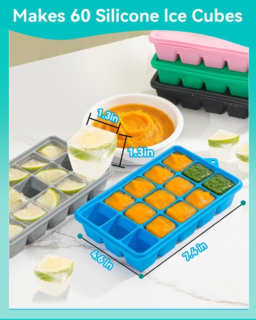 Silicone Ice Cube Trays With Lids 4 Packs, Lxndaser Easy Release Silicone Ice Cube Molds for Freezer, 60 Grids Leak-Proof Stackable Square Ice Trays for Cocktail, Whisky, Baby Food,coffee